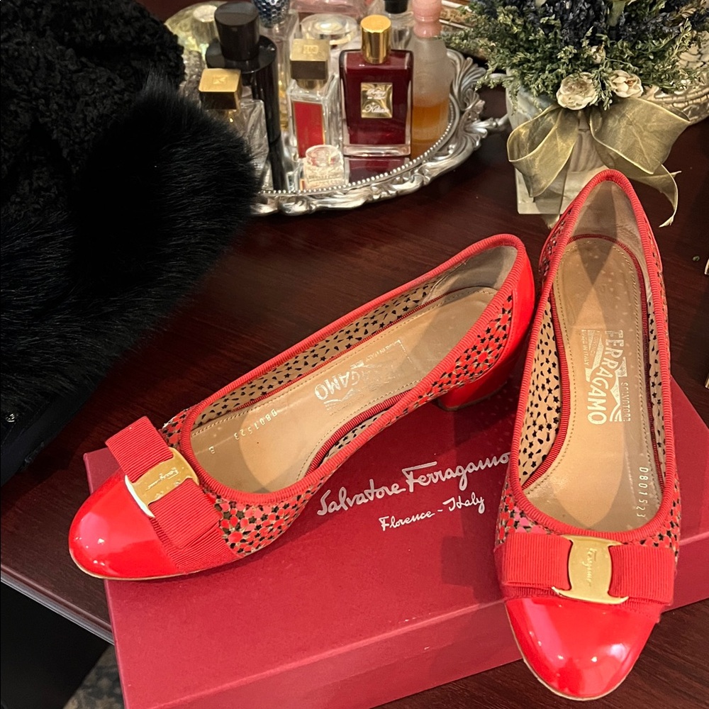 Salvatore Ferragamo Red Mesh and Patent Leather Flats
